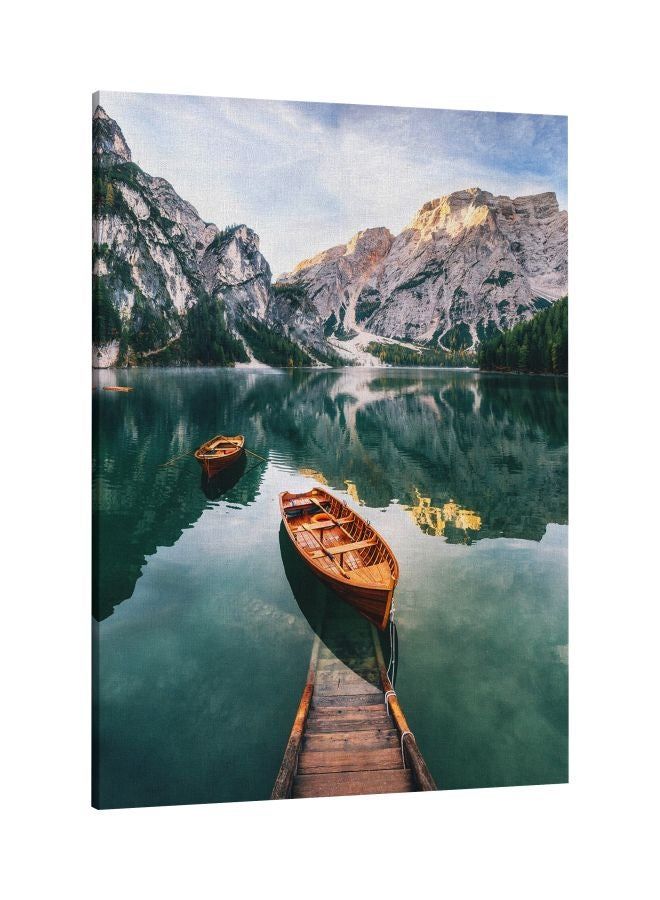 RKN فن جدارية قماش مطبوع بإطار قارب بحيرة أبيض/أخضر/أصفر 60 × 80 سنتيمتر - Image 2