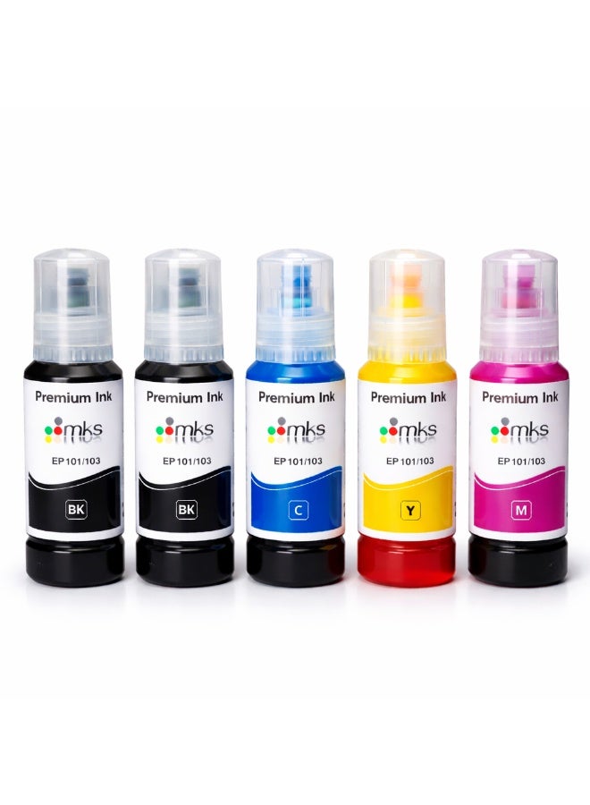 أم كيه إس طقم حبر 103 – 5 عبوات (2 × 100 مل أسود + 3 × 100 مل ألوان) متوافق مع طابعات Epson Eco Tank - Image 1