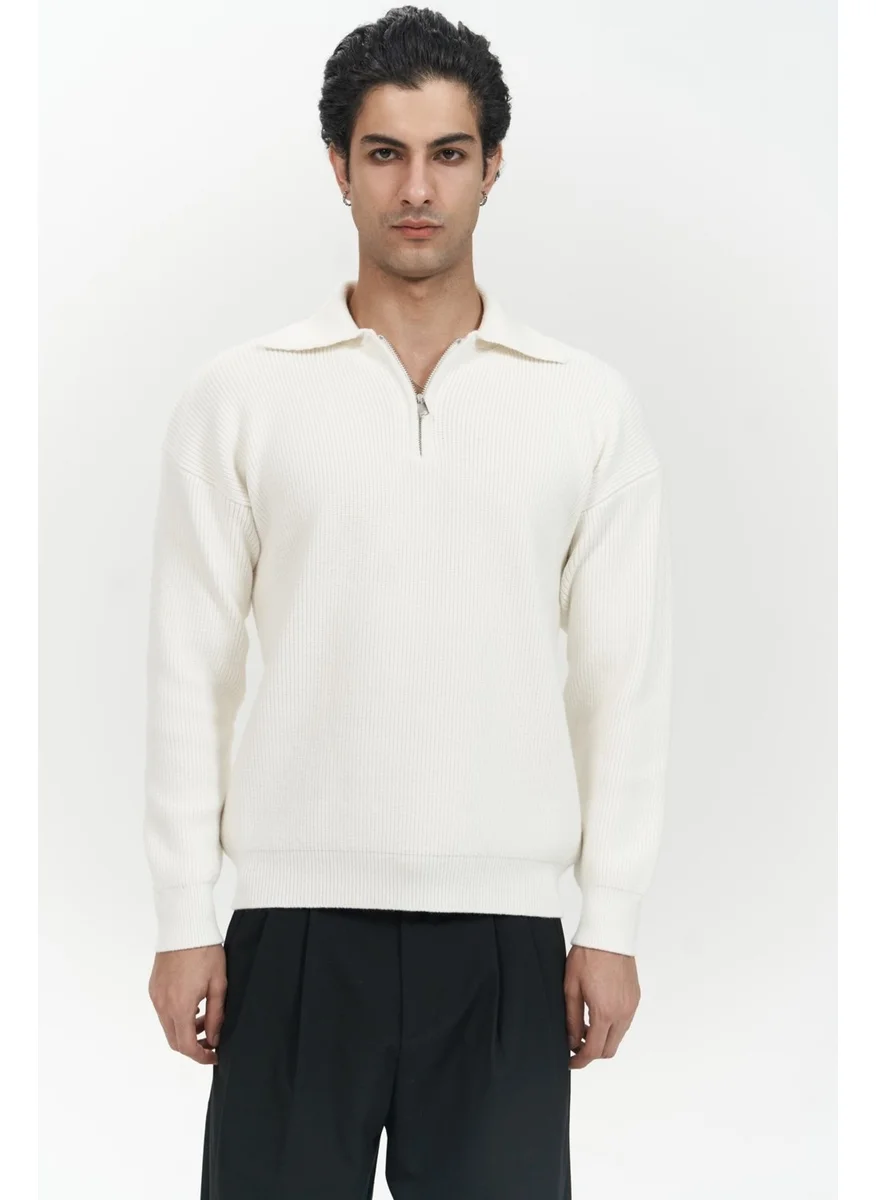 Mai Collection Oberon Polo Collar Half Zipper Ecru Men's Knitwear Sweater