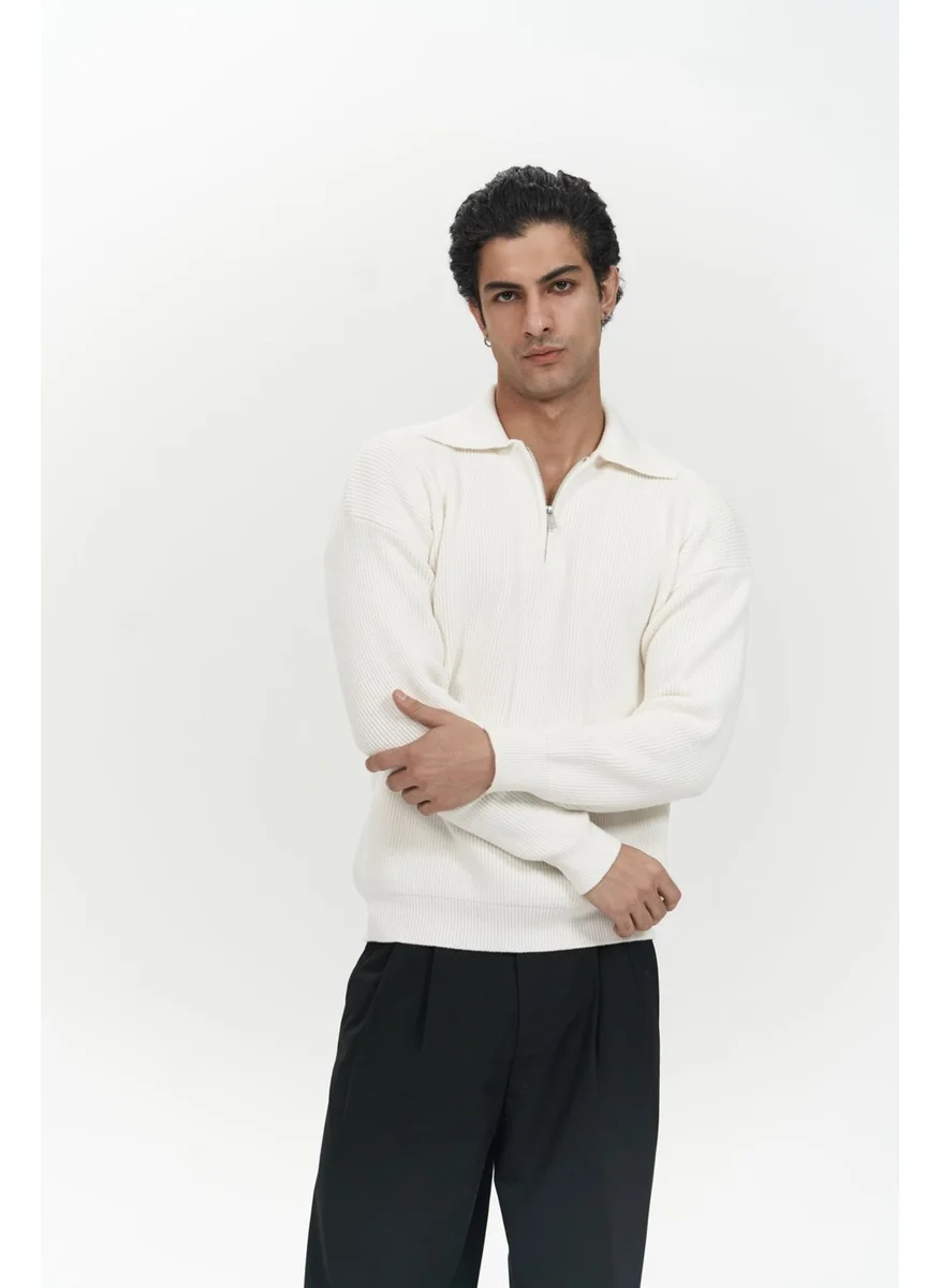 Mai Collection Oberon Polo Collar Half Zipper Ecru Men's Knitwear Sweater
