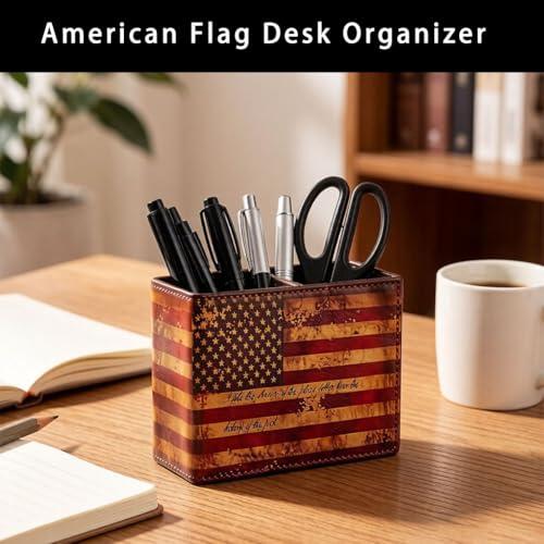 koofull American Flag Desk Organizer, PU Leather Retro Vintage Cool Supplies, Patriotic Decor Pen Pencil Holder Office Home Accessories (USA Flag) - Image 4