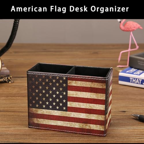 koofull American Flag Desk Organizer, PU Leather Retro Vintage Cool Supplies, Patriotic Decor Pen Pencil Holder Office Home Accessories (USA Flag) - Image 3