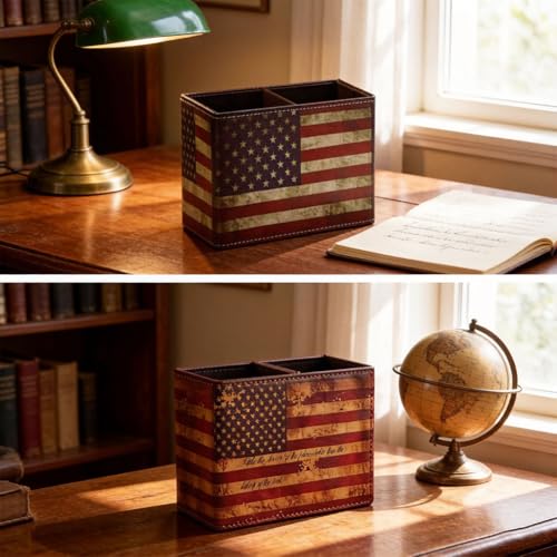 koofull American Flag Desk Organizer, PU Leather Retro Vintage Cool Supplies, Patriotic Decor Pen Pencil Holder Office Home Accessories (USA Flag) - Image 5