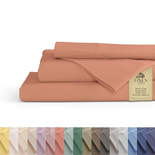 Linen Home 100% Cotton Percale Sheets King Size, Deep Pocket, 4-Piece Set - Crisp, Cool & Breathable, Long-Staple Combed Cotton Bedding, Hotel Quality, Made in Green, Tera Clay