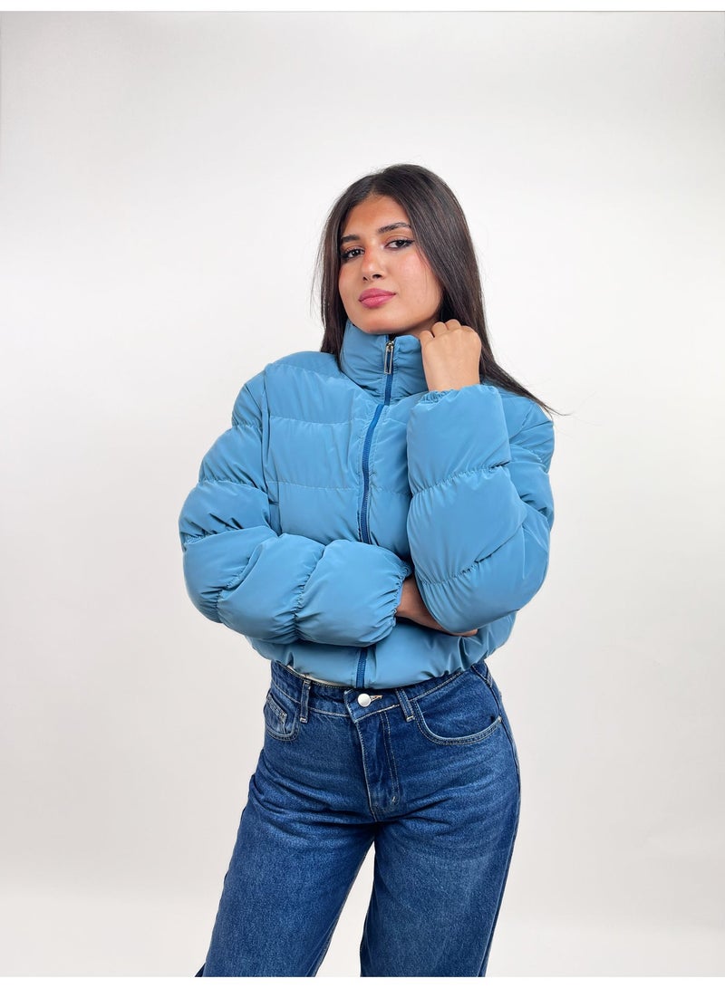 LUKINS High-Quality Cropped Puffer Jacket in Teal Blue Waterproof for Women’s - Image 1