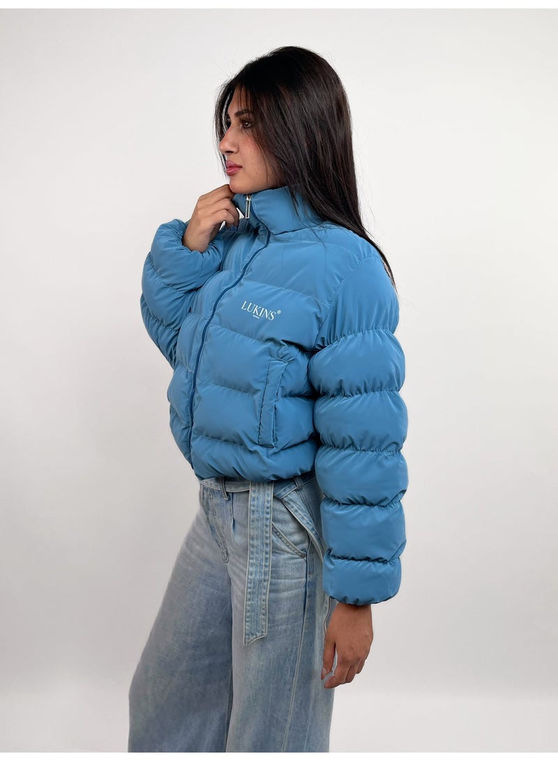 LUKINS High-Quality Cropped Puffer Jacket in Teal Blue Waterproof for Women’s - Image 3