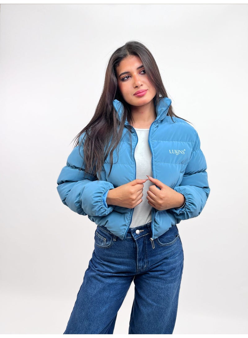 LUKINS High-Quality Cropped Puffer Jacket in Teal Blue Waterproof for Women’s - Image 2