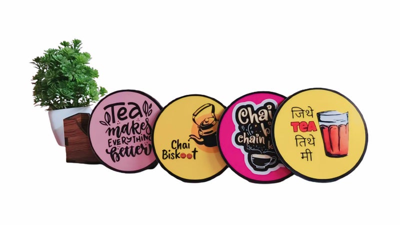 Zepdos Chai Quotes Tea Coasters Set of 6 with Wooden Stand | Funny Chai & Tea Printed Round Coasters | Heat Resistant Tea Coffee Coasters for Table, Office & Home Décor - Image 2