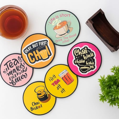 Zepdos Chai Quotes Tea Coasters Set of 6 with Wooden Stand | Funny Chai & Tea Printed Round Coasters | Heat Resistant Tea Coffee Coasters for Table, Office & Home Décor - Image 1