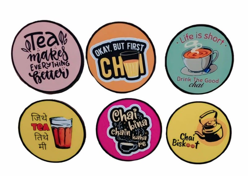 Zepdos Chai Quotes Tea Coasters Set of 6 with Wooden Stand | Funny Chai & Tea Printed Round Coasters | Heat Resistant Tea Coffee Coasters for Table, Office & Home Décor - Image 4