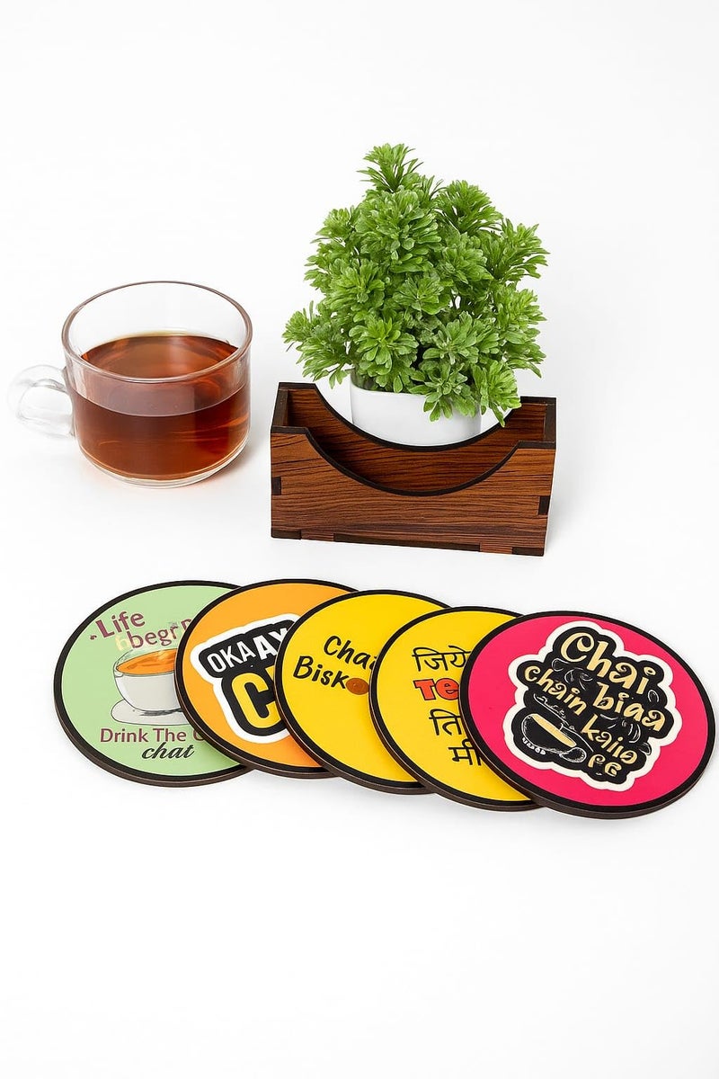 Zepdos Chai Quotes Tea Coasters Set of 6 with Wooden Stand | Funny Chai & Tea Printed Round Coasters | Heat Resistant Tea Coffee Coasters for Table, Office & Home Décor - Image 3
