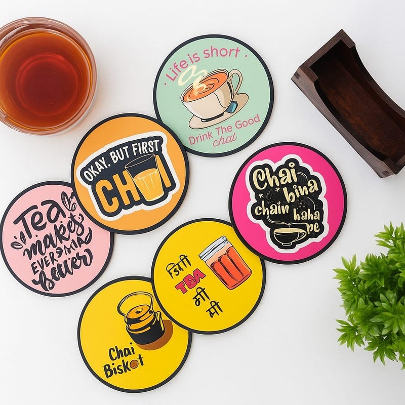 Zepdos Chai Quotes Tea Coasters Set of 6 with Wooden Stand | Funny Chai & Tea Printed Round Coasters | Heat Resistant Tea Coffee Coasters for Table, Office & Home Décor - Image 5