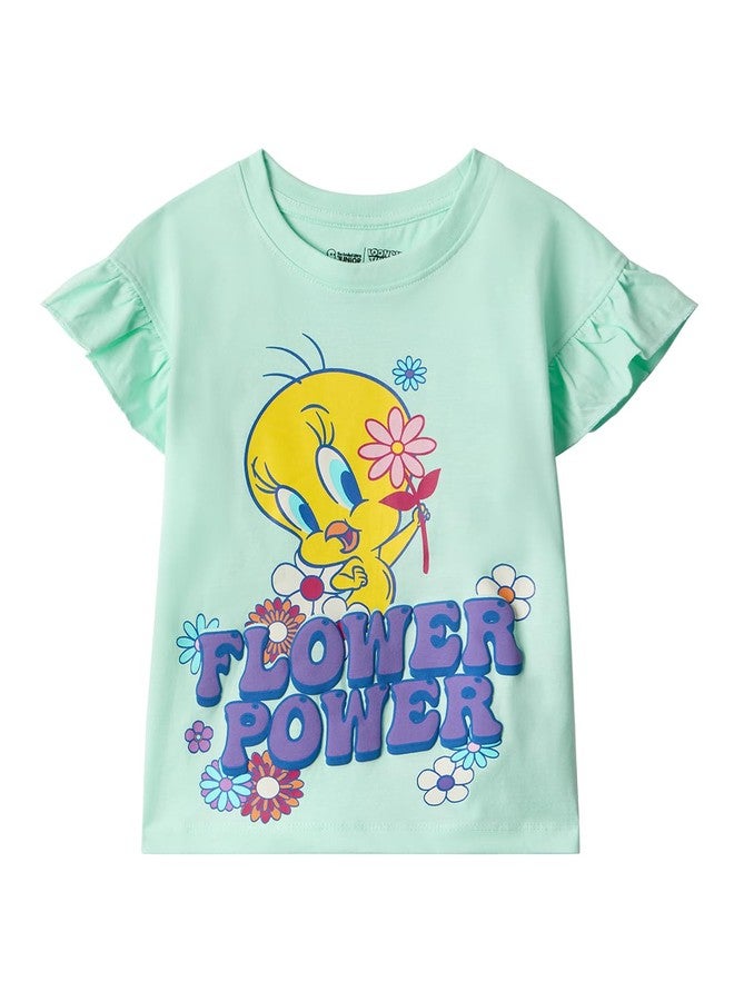 The Souled Store Looney Tunes: Flower Power Girls Round Neck Green Graphic Printed Cotton Flutter Sleeve Tops (2-8 Yrs) - Image 1
