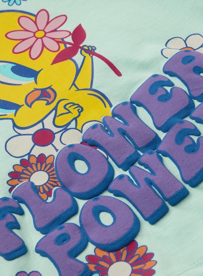 The Souled Store Looney Tunes: Flower Power Girls Round Neck Green Graphic Printed Cotton Flutter Sleeve Tops (2-8 Yrs) - Image 4