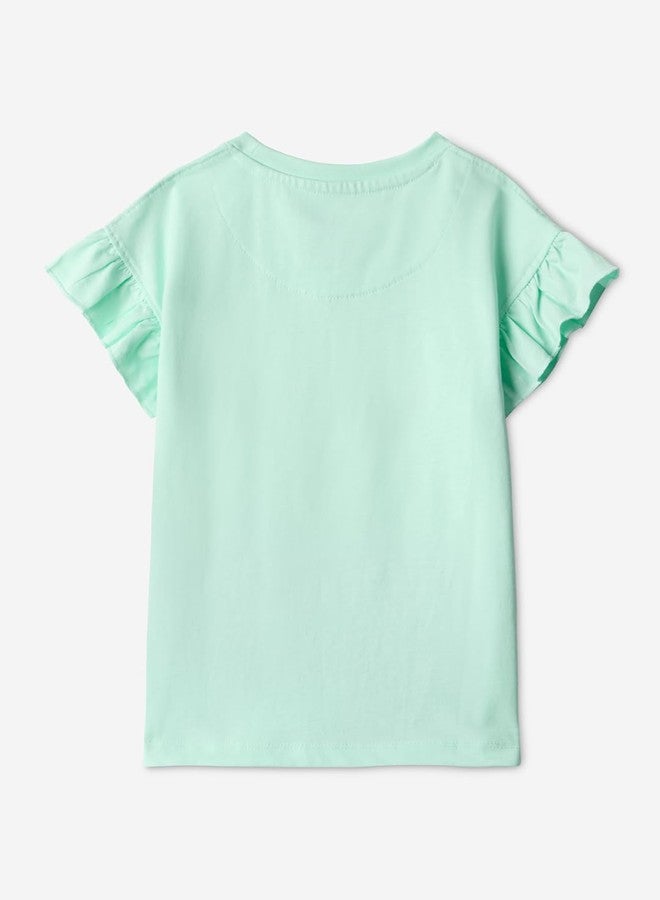 The Souled Store Looney Tunes: Flower Power Girls Round Neck Green Graphic Printed Cotton Flutter Sleeve Tops (2-8 Yrs) - Image 2