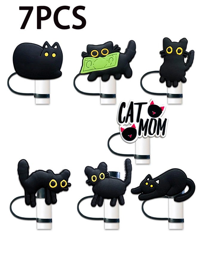 Cat Straw Cover Cap  - 7PCs Cute Black Cat Straw Toppers for 30 40 Oz Tumbler with Handle Silicone Straw Tips Accessories for 10mm Straws - Image 1