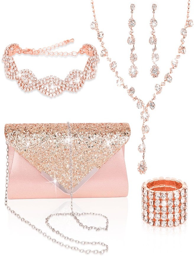 ACO-UINT 5 Pieces Clutch Purse Rhinestone Jewelry Sets for Women Prom Necklace Earrings Bracelet Ring Bling Glitter Purse Formal Jewelry for Women Evening Wear (Rose Gold) - Image 1