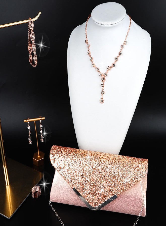 ACO-UINT 5 Pieces Clutch Purse Rhinestone Jewelry Sets for Women Prom Necklace Earrings Bracelet Ring Bling Glitter Purse Formal Jewelry for Women Evening Wear (Rose Gold) - Image 2