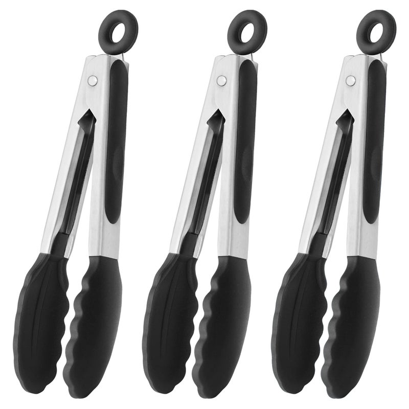 HINMAY Mini Tongs with Silicone Tips 7-Inch Kitchen Tongs, Set of 3 (Black) - Image 5