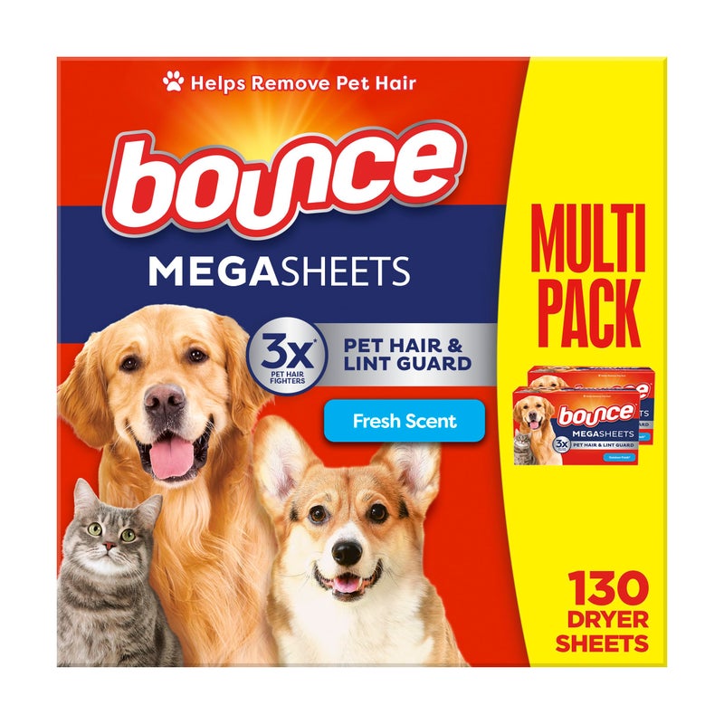 Bounce Pet Hair and Lint Guard Mega Dryer Sheets with 3X Pet Hair Fighters, Fresh Scent, 130 Count - Image 1