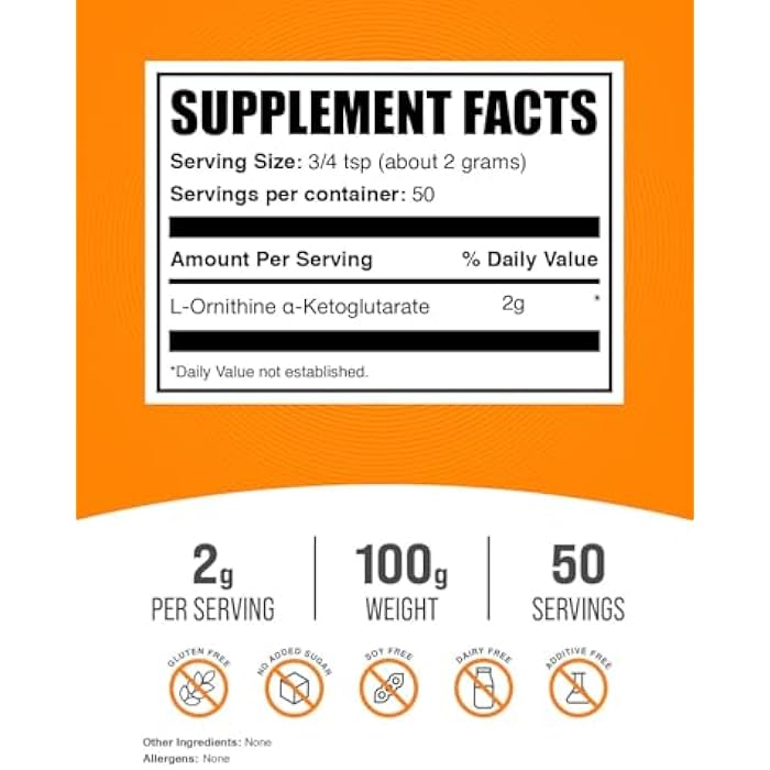 BulkSupplements.com L-Ornithine Alpha-Ketoglutarate Powder - OKG Powder, Nitric Oxide Supplement, Ornithine Supplement - Gluten Free, 2g per Serving, 100g (3.5 oz) (Pack of 1) - Image 2