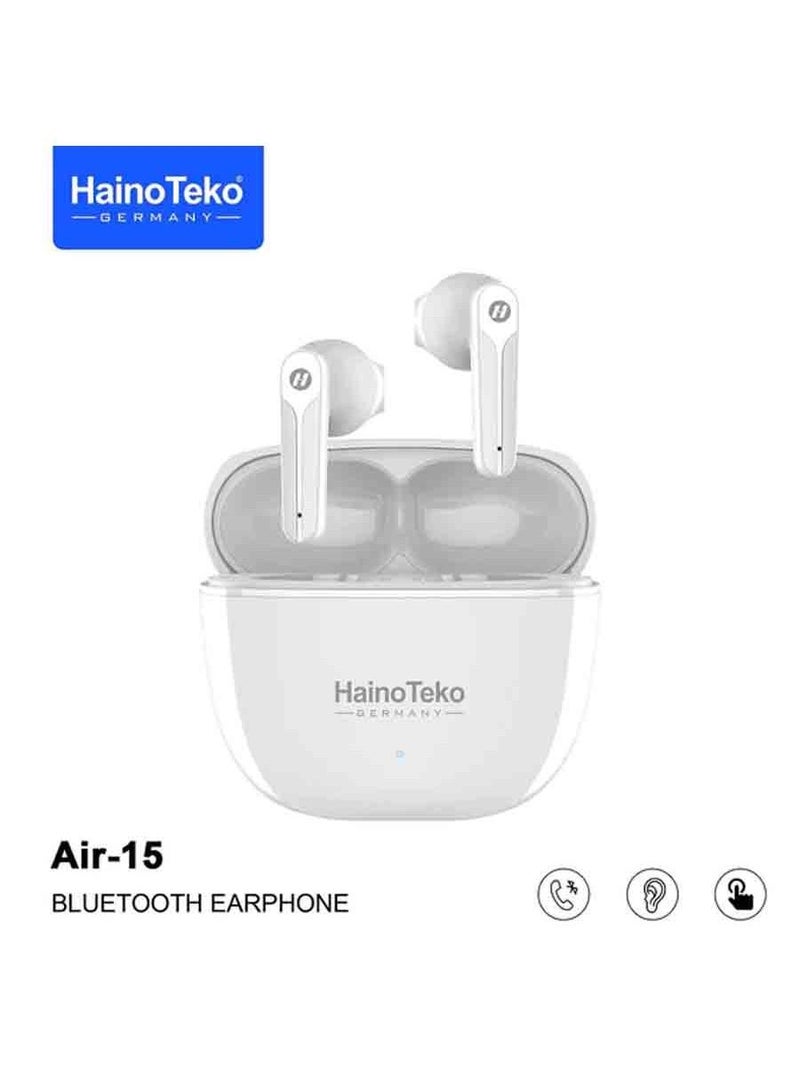 Haino Teko Haino Teko Wireless AIR-15 In-Ear Bluetooth Earphone Free Silicon Cover With Hook Original Quality Compatible For IOS And Androids White - Image 1