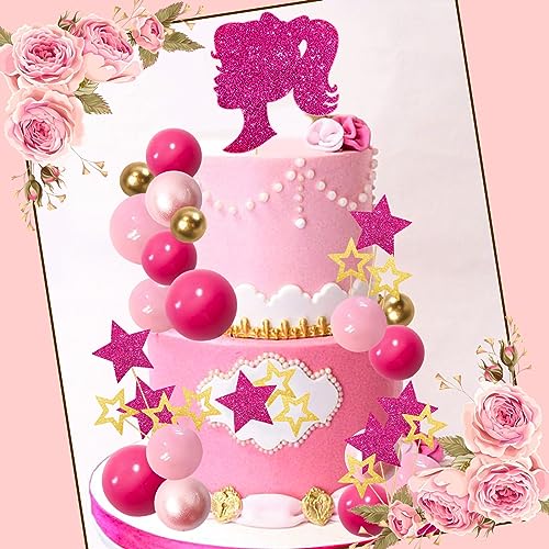 MEMOVAN Hot Pink Girl Cake Toppers 36pcs Ball Cake Decorations with Hot Pink Gold Balls Shiny Stars for Boho Girl Hot Pink Princess Theme Wedding Baby Shower Birthday Party Supplies - Image 3