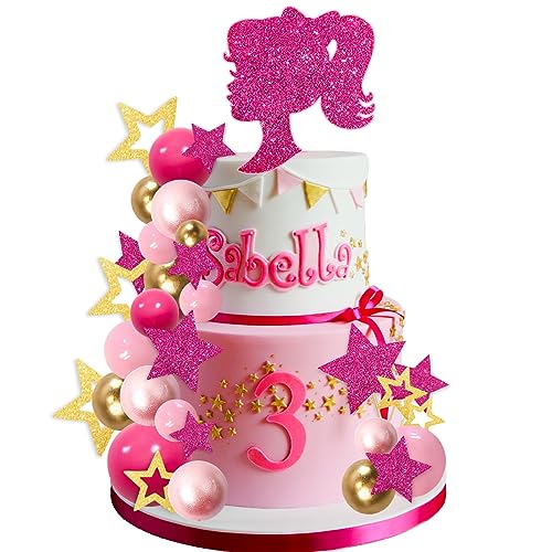 MEMOVAN Hot Pink Girl Cake Toppers 36pcs Ball Cake Decorations with Hot Pink Gold Balls Shiny Stars for Boho Girl Hot Pink Princess Theme Wedding Baby Shower Birthday Party Supplies - Image 1
