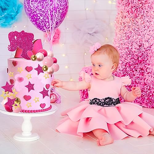 MEMOVAN Hot Pink Girl Cake Toppers 36pcs Ball Cake Decorations with Hot Pink Gold Balls Shiny Stars for Boho Girl Hot Pink Princess Theme Wedding Baby Shower Birthday Party Supplies - Image 4