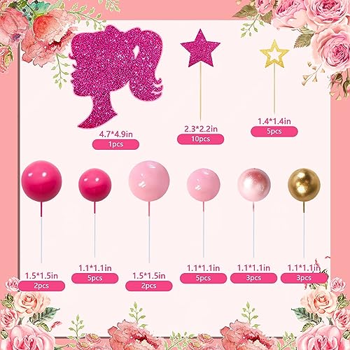 MEMOVAN Hot Pink Girl Cake Toppers 36pcs Ball Cake Decorations with Hot Pink Gold Balls Shiny Stars for Boho Girl Hot Pink Princess Theme Wedding Baby Shower Birthday Party Supplies - Image 2