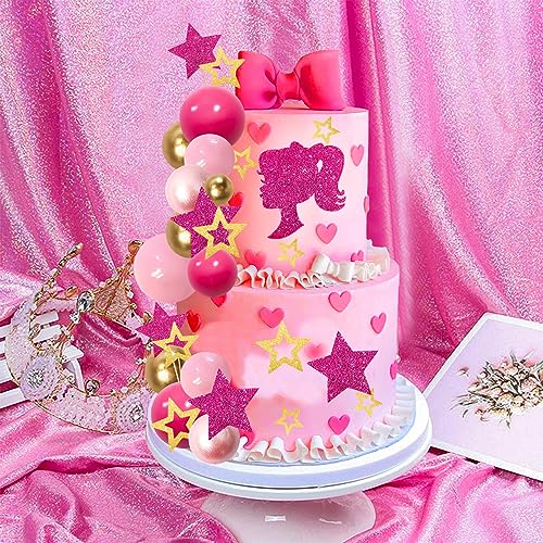 MEMOVAN Hot Pink Girl Cake Toppers 36pcs Ball Cake Decorations with Hot Pink Gold Balls Shiny Stars for Boho Girl Hot Pink Princess Theme Wedding Baby Shower Birthday Party Supplies - Image 5