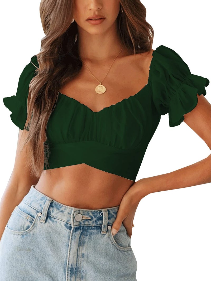 LYANER Women's Ruffle Short Sleeve Tie Up Back Crop Top Off Shoulder Bardot Blouse Dark Green Medium - Image 1
