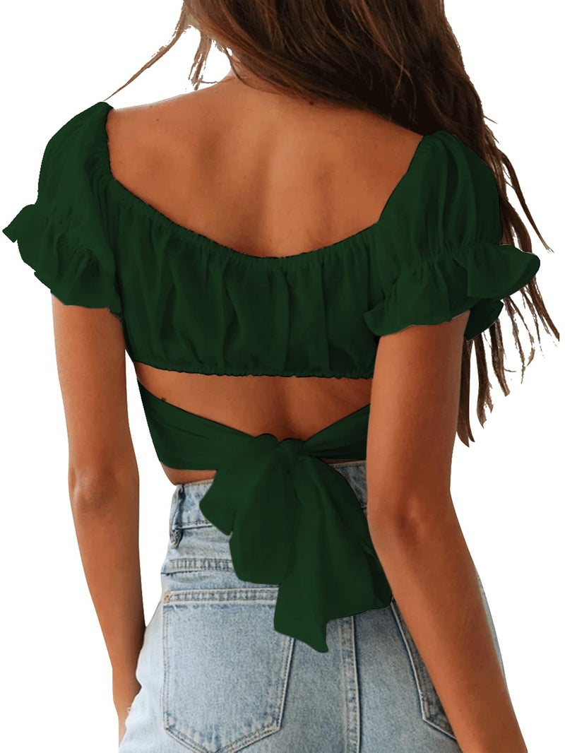 LYANER Women's Ruffle Short Sleeve Tie Up Back Crop Top Off Shoulder Bardot Blouse Dark Green Medium - Image 2