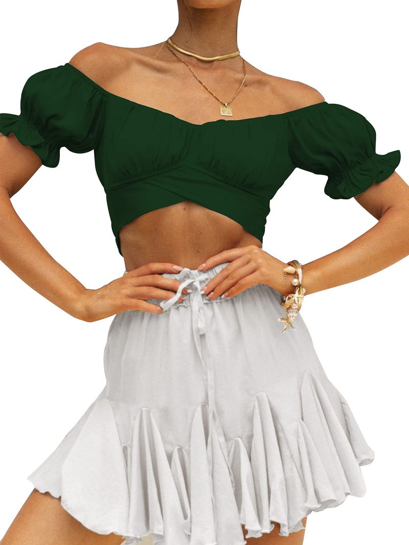 LYANER Women's Ruffle Short Sleeve Tie Up Back Crop Top Off Shoulder Bardot Blouse Dark Green Medium - Image 5