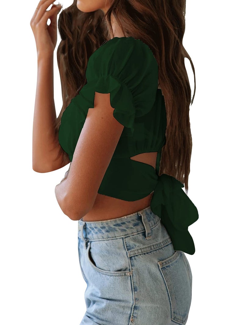 LYANER Women's Ruffle Short Sleeve Tie Up Back Crop Top Off Shoulder Bardot Blouse Dark Green Medium - Image 3