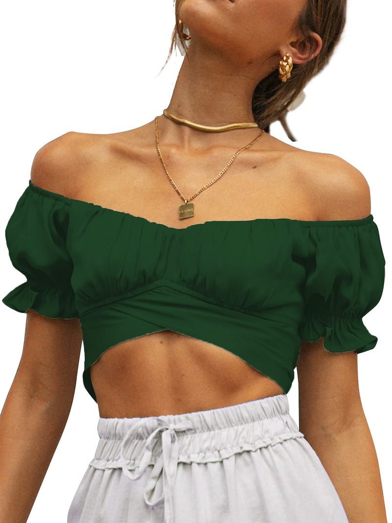 LYANER Women's Ruffle Short Sleeve Tie Up Back Crop Top Off Shoulder Bardot Blouse Dark Green Medium - Image 4
