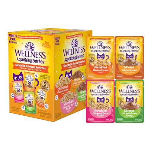 Wellness Appetizing Entrées Shredded & Mousse Adult Wet Cat Food, Natural, Protein-Rich, Grain Free, 1.4 Ounce Pouch, 8 Pack (Poultry Variety Pack)