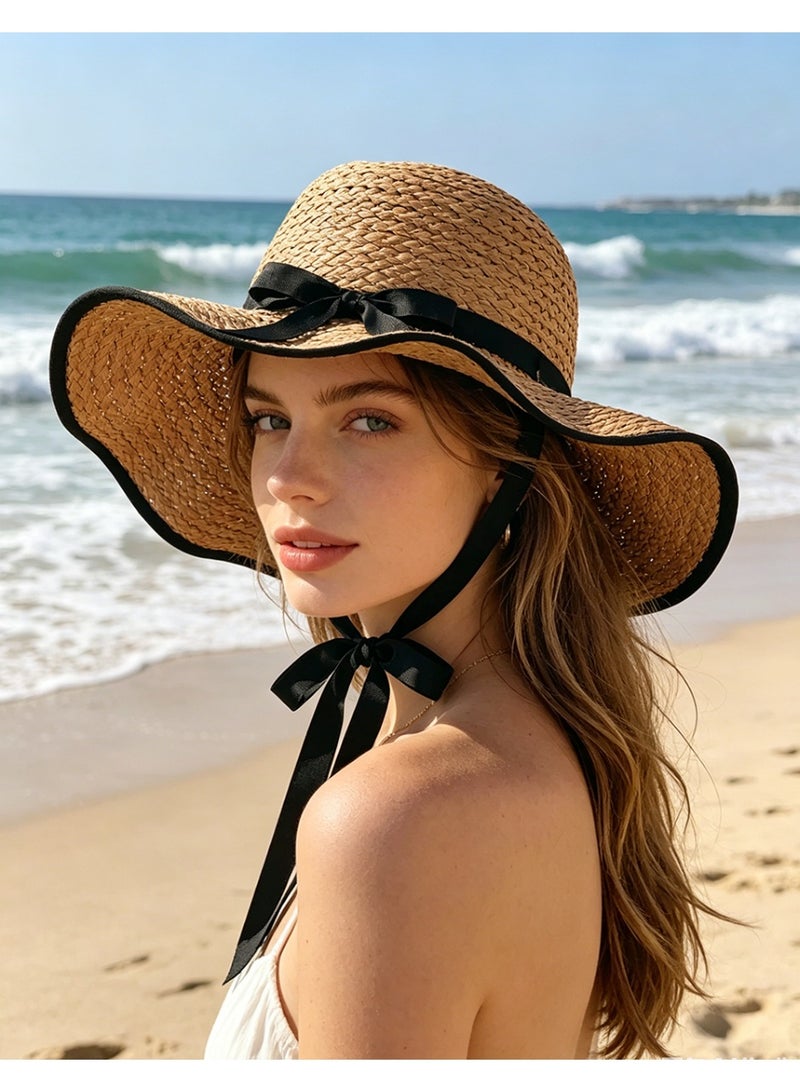 Women Vacation Style Beach Straw Hat Summer Travel Sea Packable Romantic UV Sun Protect Women Stylish Hat Wide Brim Bohe Style Panama Hat - Image 5