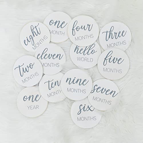 Pondering Pine Natural Baby Milestone Discs - White Stain Wood Milestone Disc Set with Bag and Hello World Announcement Card - 13 Wooden Milestones Cards, Newborn Monthly First Year Picture Props, 1-12 Months - Image 2
