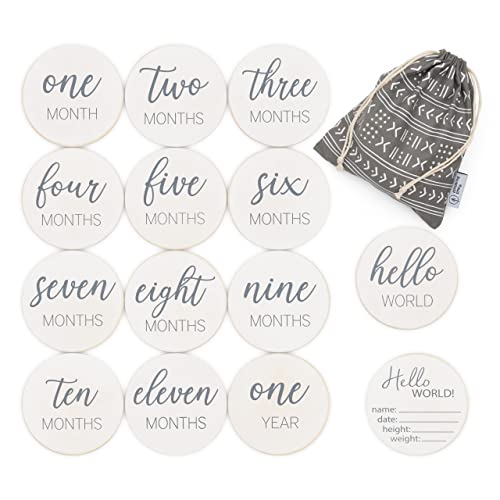 Pondering Pine Natural Baby Milestone Discs - White Stain Wood Milestone Disc Set with Bag and Hello World Announcement Card - 13 Wooden Milestones Cards, Newborn Monthly First Year Picture Props, 1-12 Months - Image 1