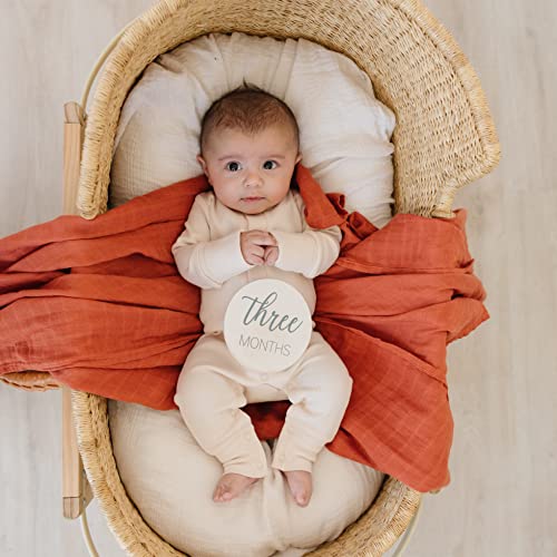 Pondering Pine Natural Baby Milestone Discs - White Stain Wood Milestone Disc Set with Bag and Hello World Announcement Card - 13 Wooden Milestones Cards, Newborn Monthly First Year Picture Props, 1-12 Months - Image 5
