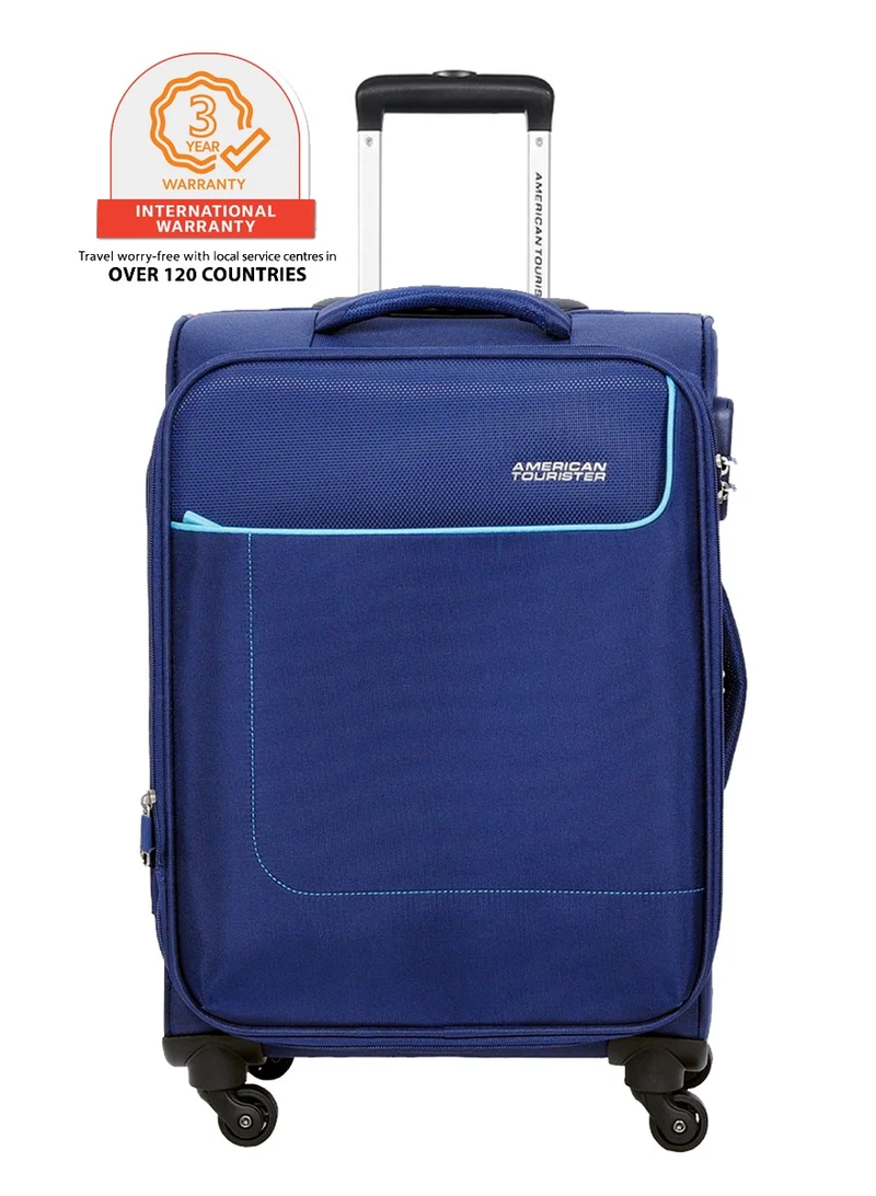 AMERICAN TOURISTER Jamaica Suitcase, 4 Spinner Wheels, Soft Top, 100% Polyester, Navy|TSA Combination Lock|Expandable|Front Pocket Storage Compartment|Corner Guard|Retractable Aluminum Handle - 3 Years International Warranty