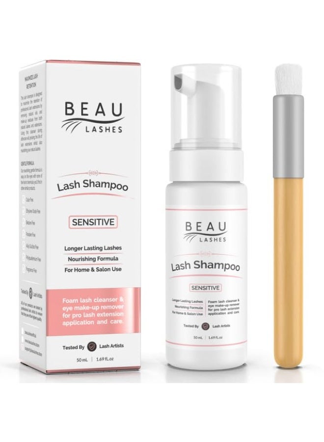 beau lashes Eyelash Extension Foam Cleanser Shampoo & Brush (50ml) - Oil Free Sensitive Paraben & Sulfate Free Eyelid/Lash Foaming Wash Cleaner To Remove Makeup & Mascara - Ideal For Salons And Home Care - Image 1