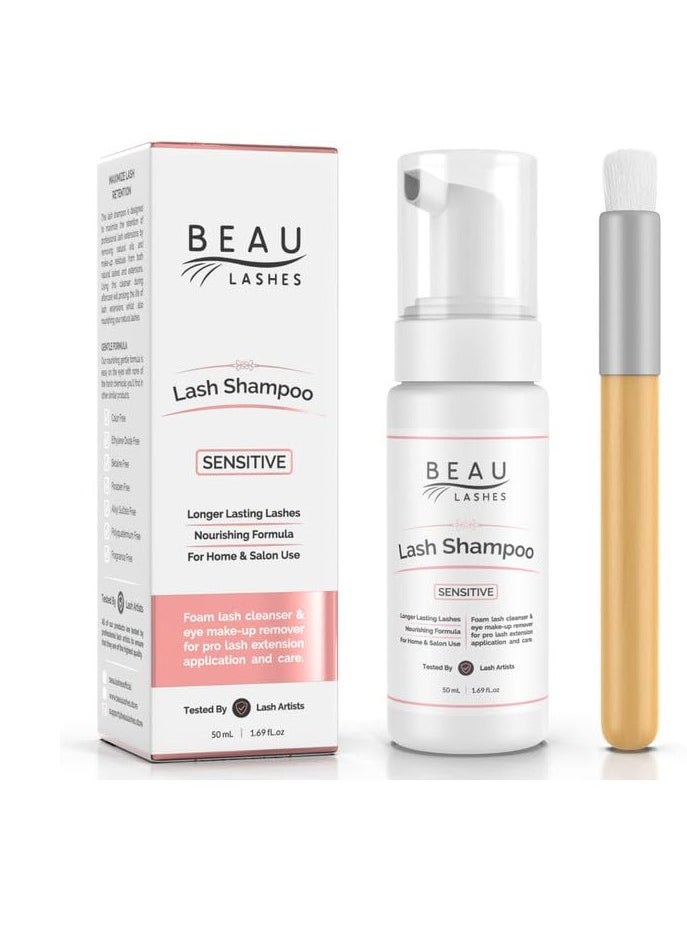 beau lashes Korean Eyelash Extension Foam Cleanser Shampoo & Brush (50ml) - Oil Free Sensitive Paraben & Sulfate Free Eyelid/Lash Foaming Wash Cleaner To Remove Makeup & Mascara - Ideal For Salons And Home Care  - Image 1