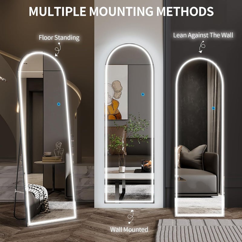 مرآة على شكل قو�� بطول كامل، مزودة بإضاءة LED، بمقاس 153 × 50 سم، مرآة حديثة كبيرة للحائط، مرآة أرضية مضيئة بدون إطار، مرآة مستقلة مناسبة لغرف النوم وغرف المعيشة، باللون الأسود. - Image 5