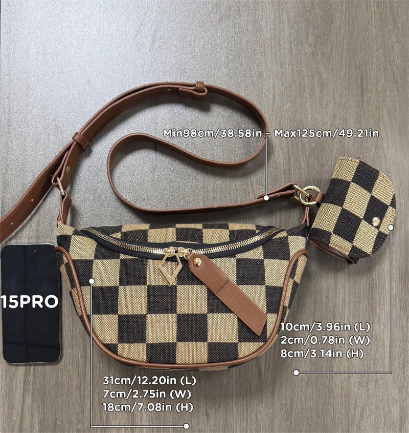 Selling Fashion All-Match Commuter Matching Checkerboard Canvas Small Headphone Bag Chest Bag Waist Bag Two-In-One Crossbody Bag - Image 1