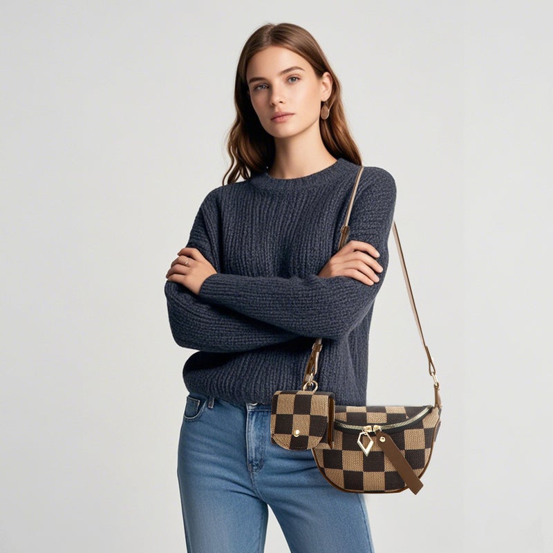 Selling Fashion All-Match Commuter Matching Checkerboard Canvas Small Headphone Bag Chest Bag Waist Bag Two-In-One Crossbody Bag - Image 4