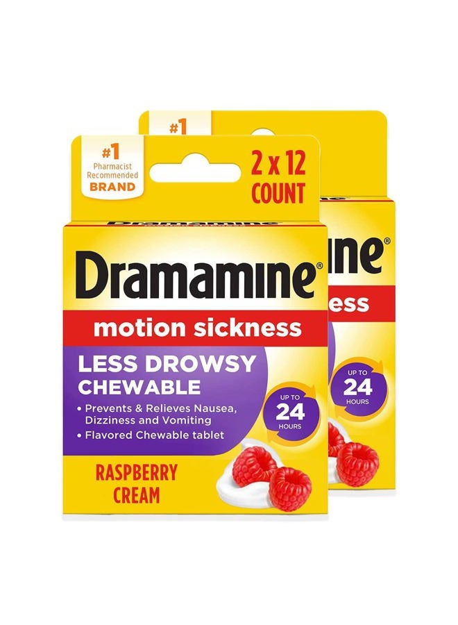 Dramamine Chewable Less Drowsy, Motion Sickness Relief, Raspberry Cream Flavor, 12 Count, 2 Pack  - Image 1