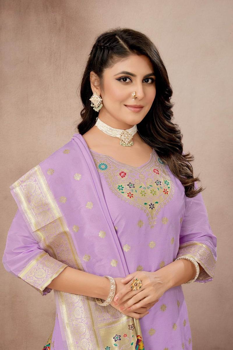 AMIRAT Women's Pure Silk Paithani Suit | Full Sleeves Zari Work | Unstitched Kurta set With Dupatta | Dress Material (Purple) - Image 4
