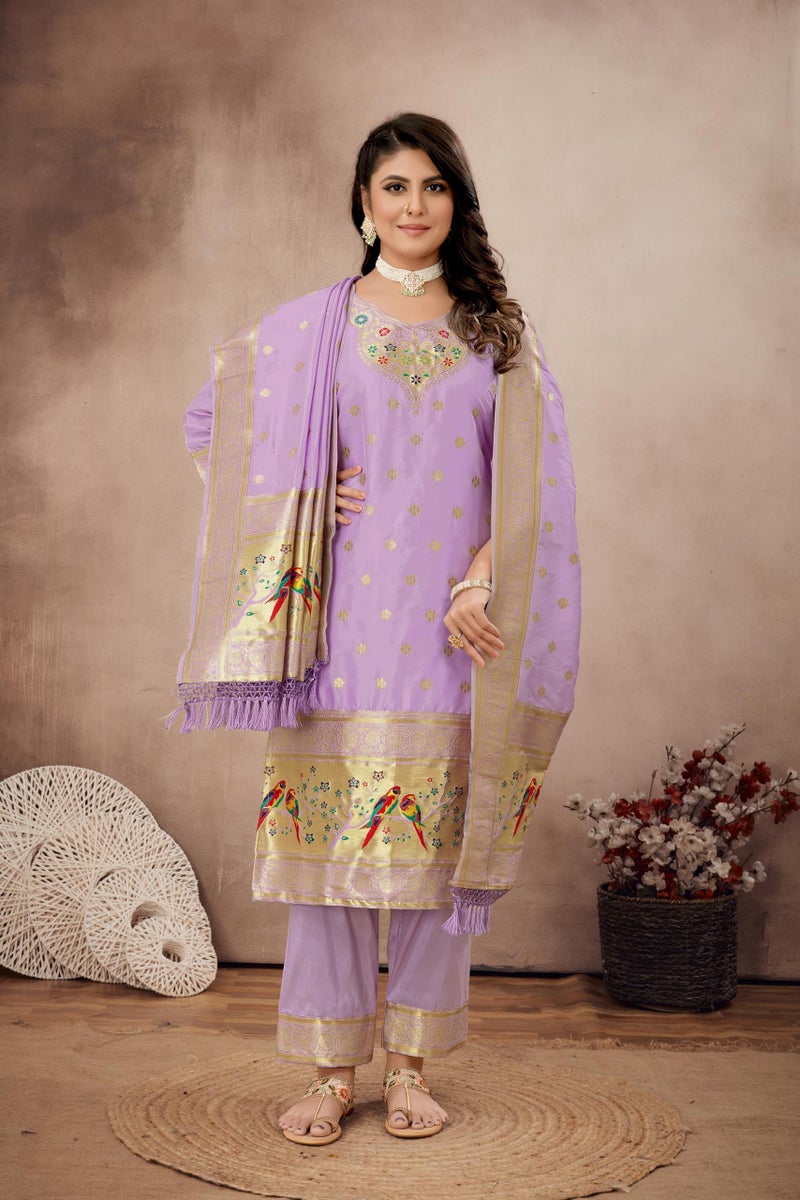 AMIRAT Women's Pure Silk Paithani Suit | Full Sleeves Zari Work | Unstitched Kurta set With Dupatta | Dress Material (Purple) - Image 2